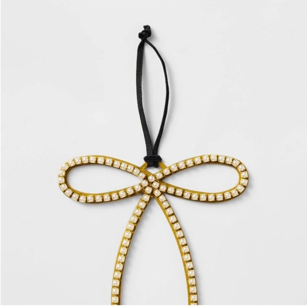 9pc Studio McGee Threshold Gold and Faux Pearl Bow Ornaments - Picture 3 of 5